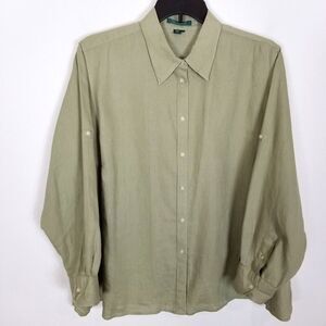 Lauren Ralph Lauren Women Plus Linen Button Up Blouse Top Sz 2X Green Office